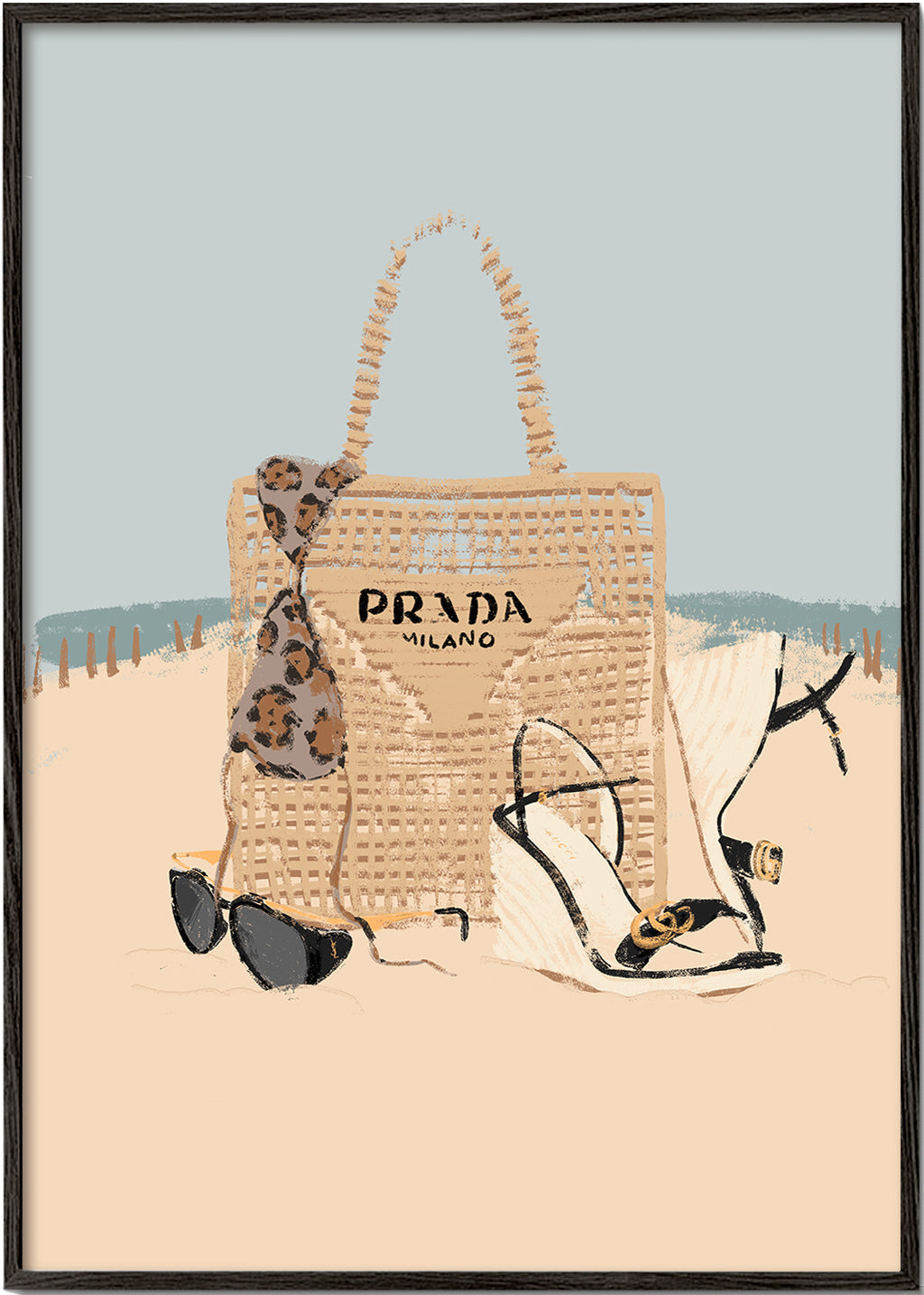 Landschap kunst met strandtas en sandalen