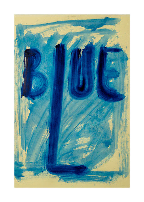 Abstract kunstwerk met handgeschilderde blauwe typografie