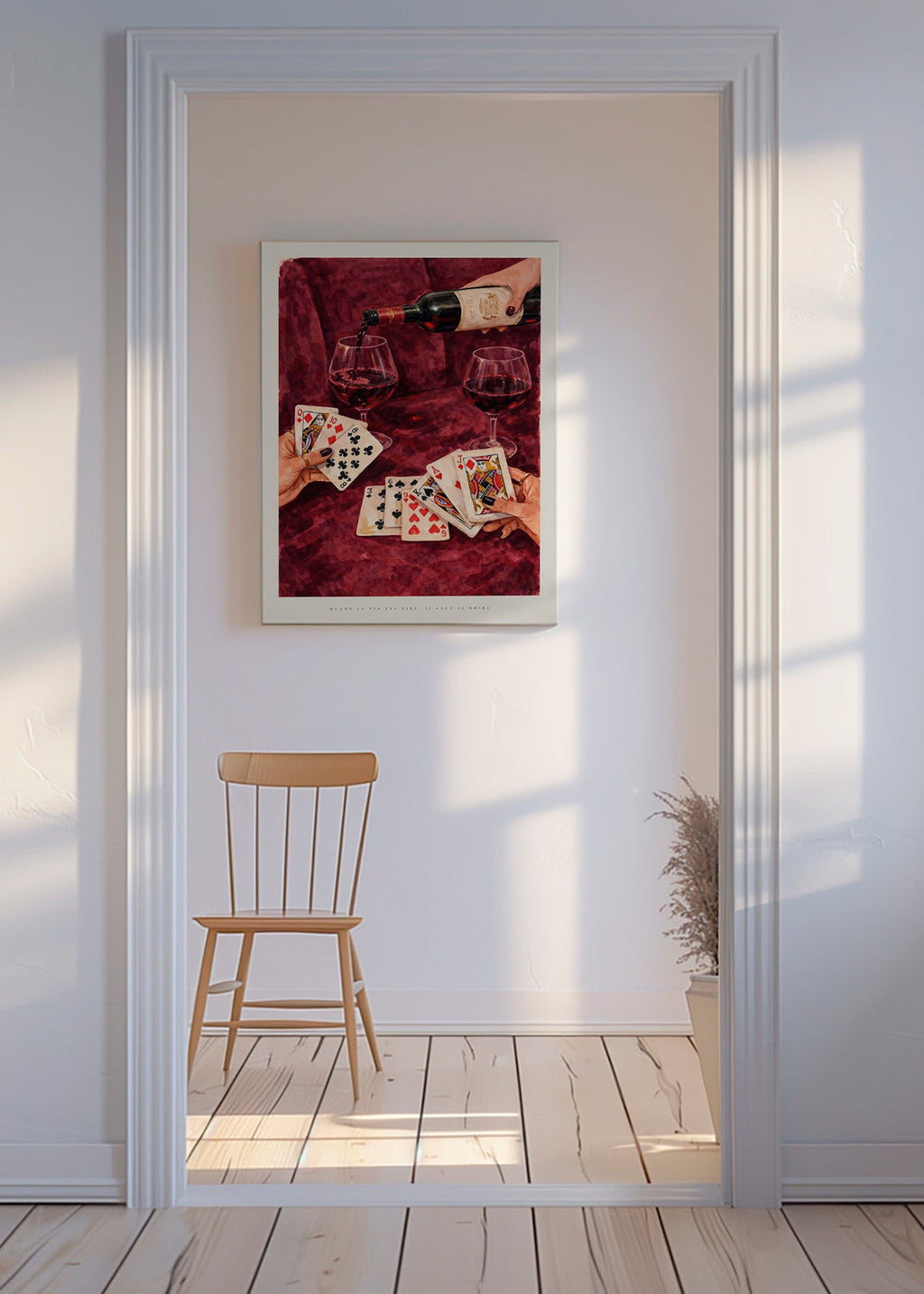 Keuken kunst met speelkaarten en rode wijn