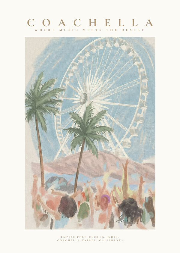 Illustration Coachella avec grande roue et palmiers