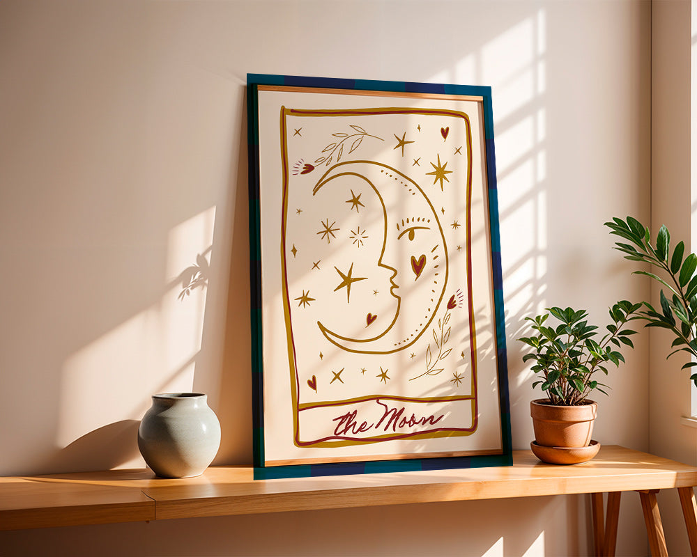 Illustration lune au visage et étoiles