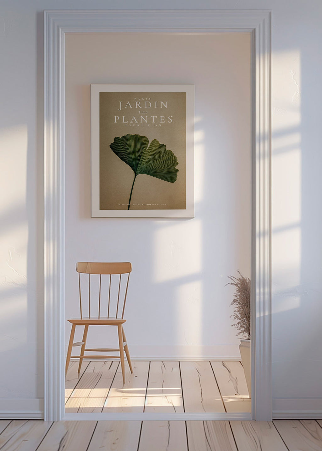 Impression botanique avec feuille de ginkgo et typographie classique