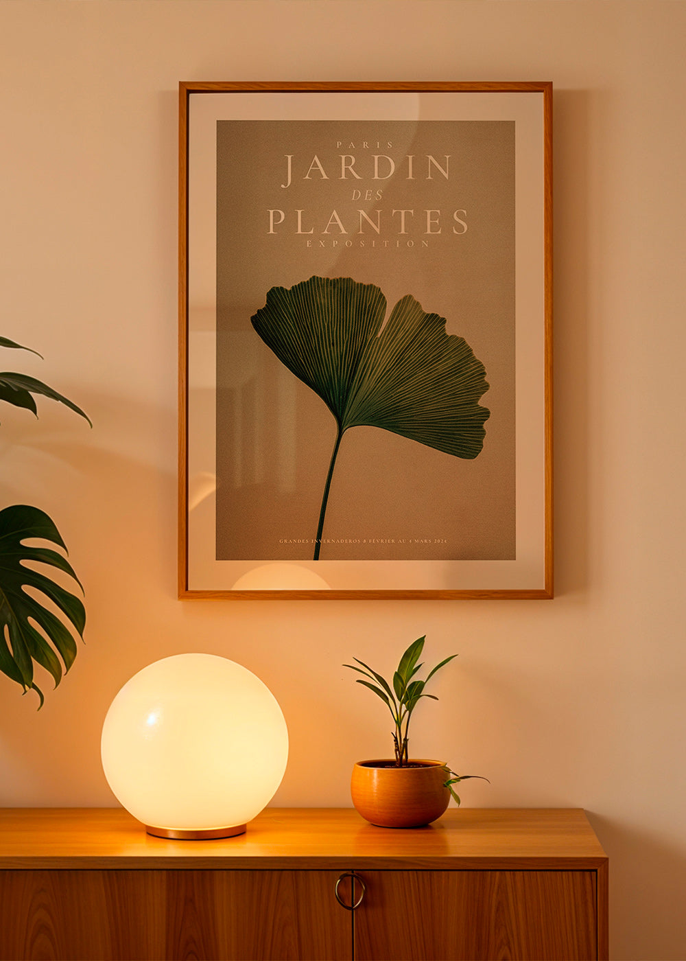 Impression botanique avec feuille de ginkgo et typographie classique