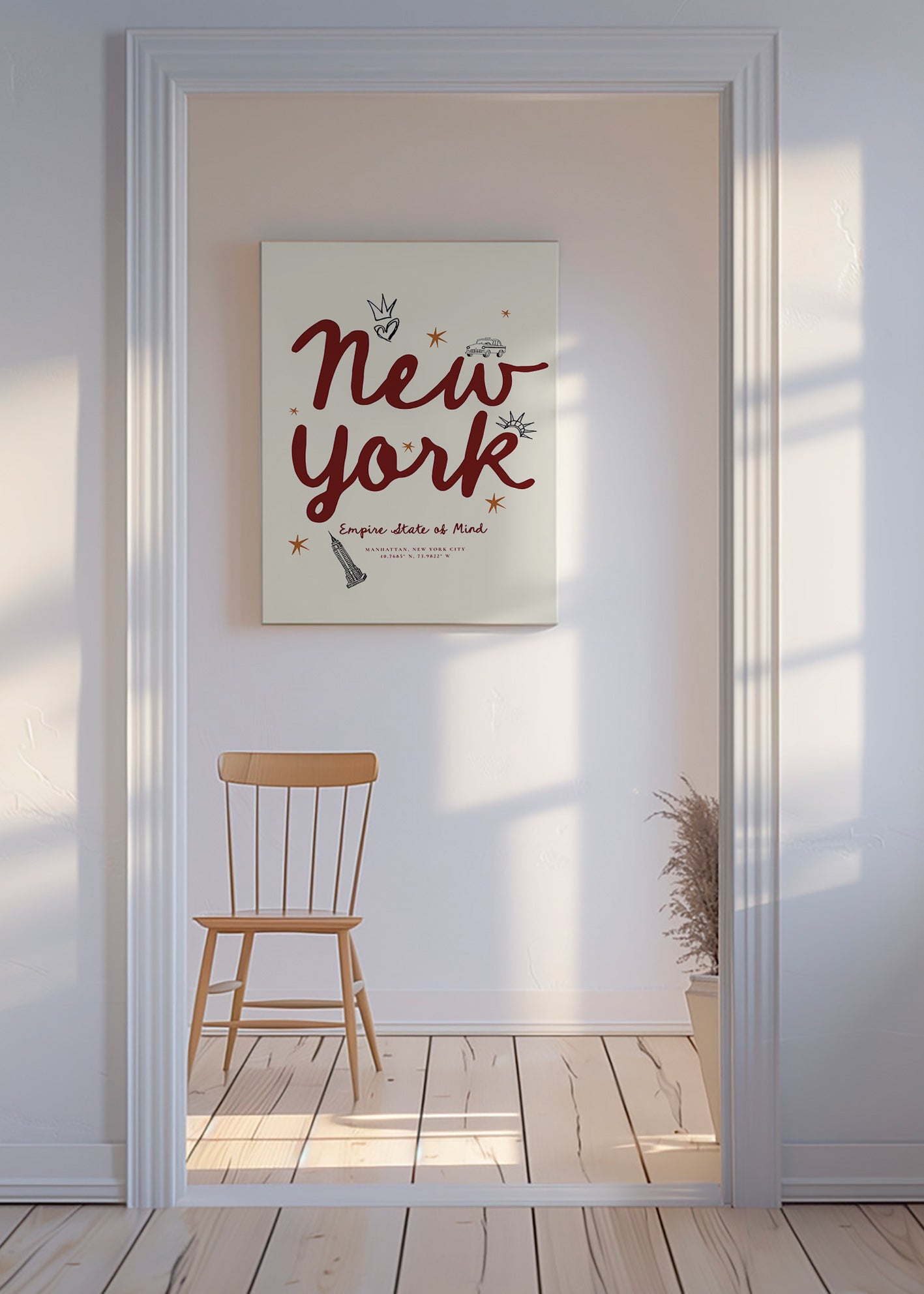 Reisposter New York met bordeaux handlettering
