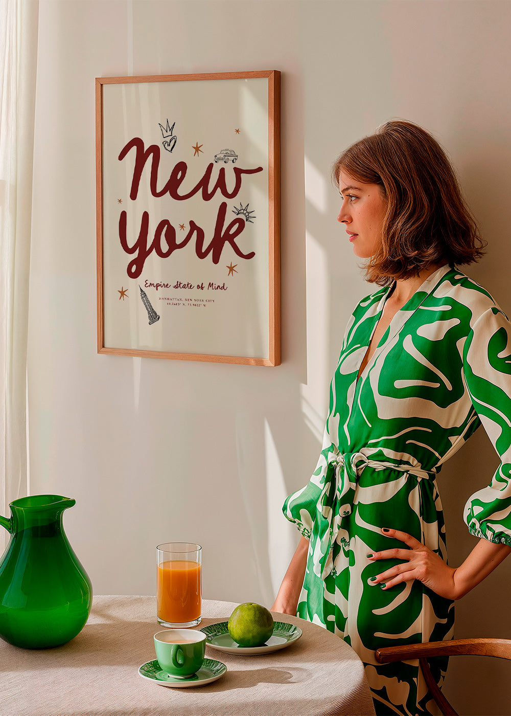 Reisposter New York met bordeaux handlettering