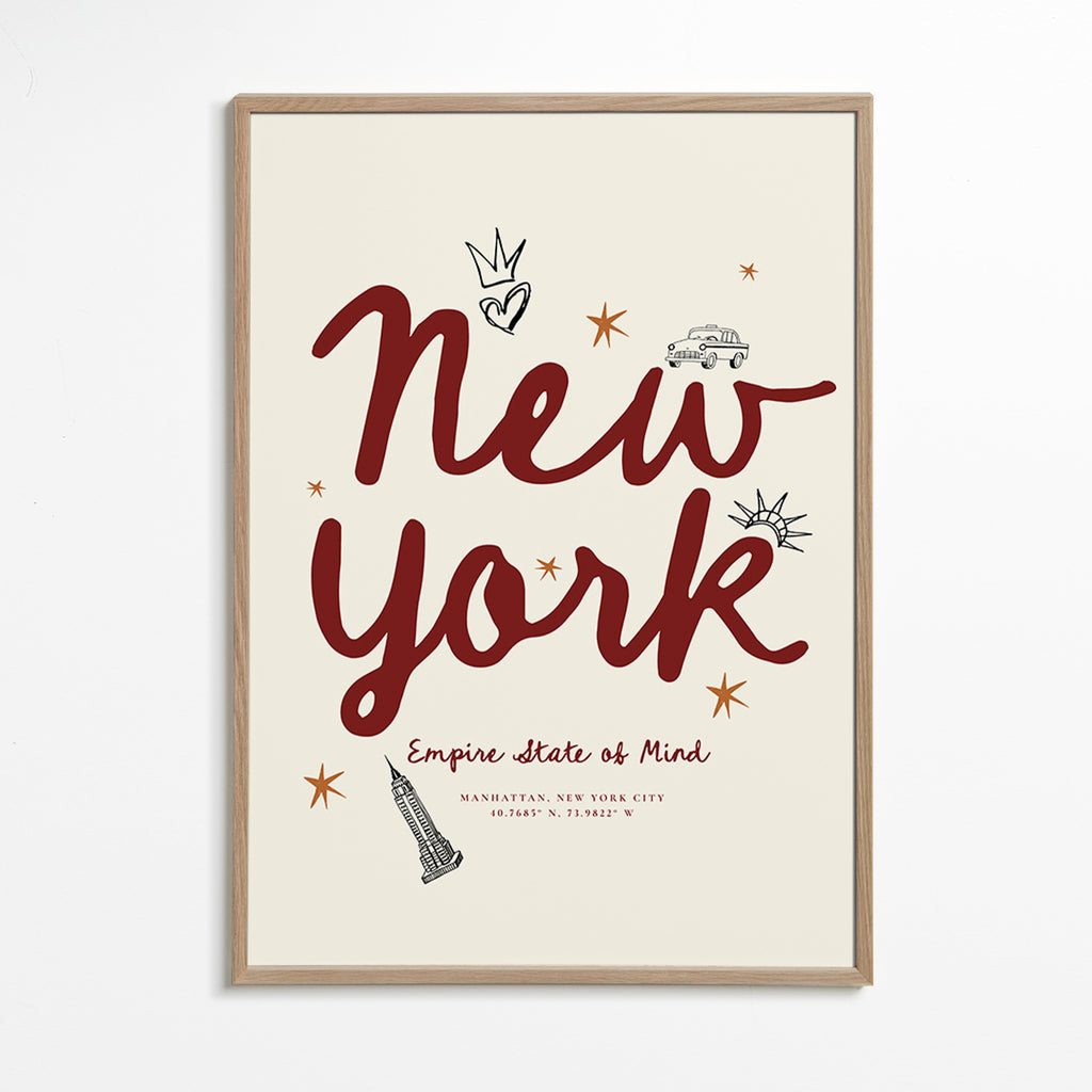 Reisposter New York met bordeaux handlettering