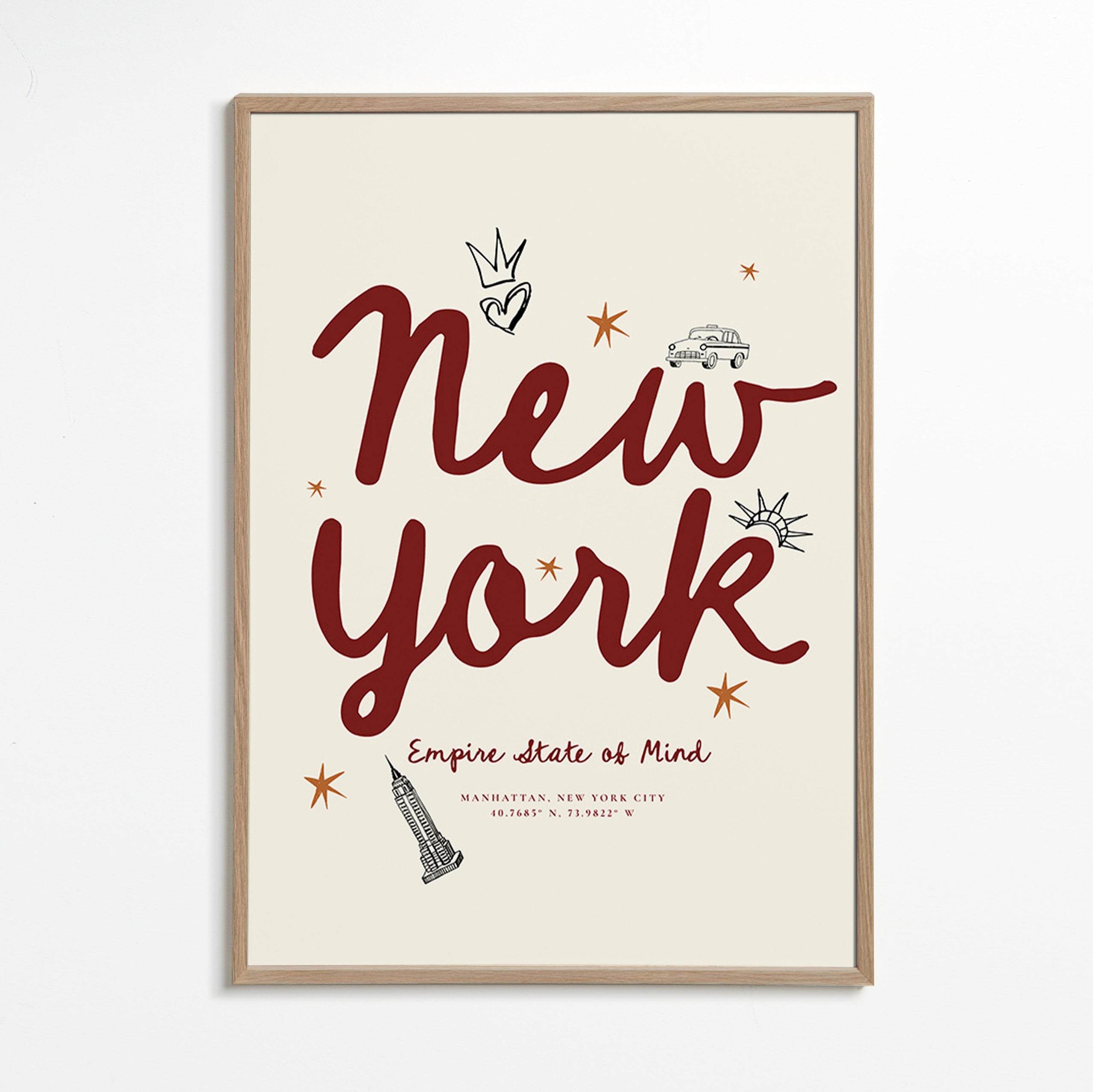 Reisposter New York met bordeaux handlettering