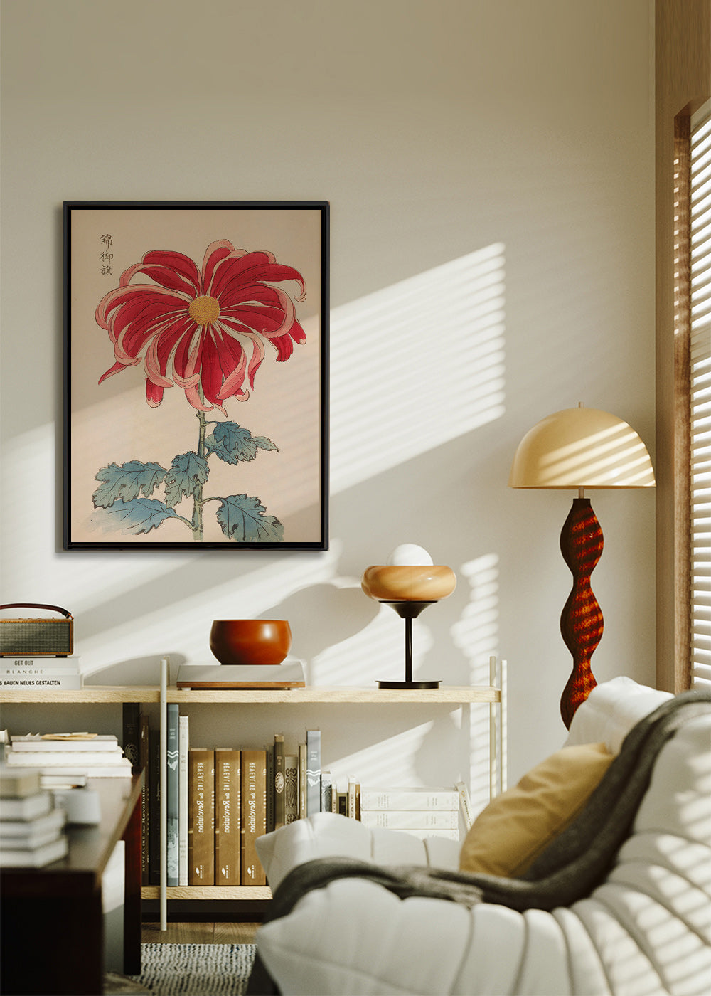 Botanische print Japanse chrysant rood
