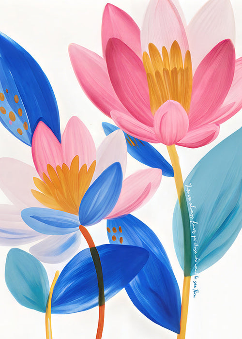 Impression botanique fleurs roses et bleues