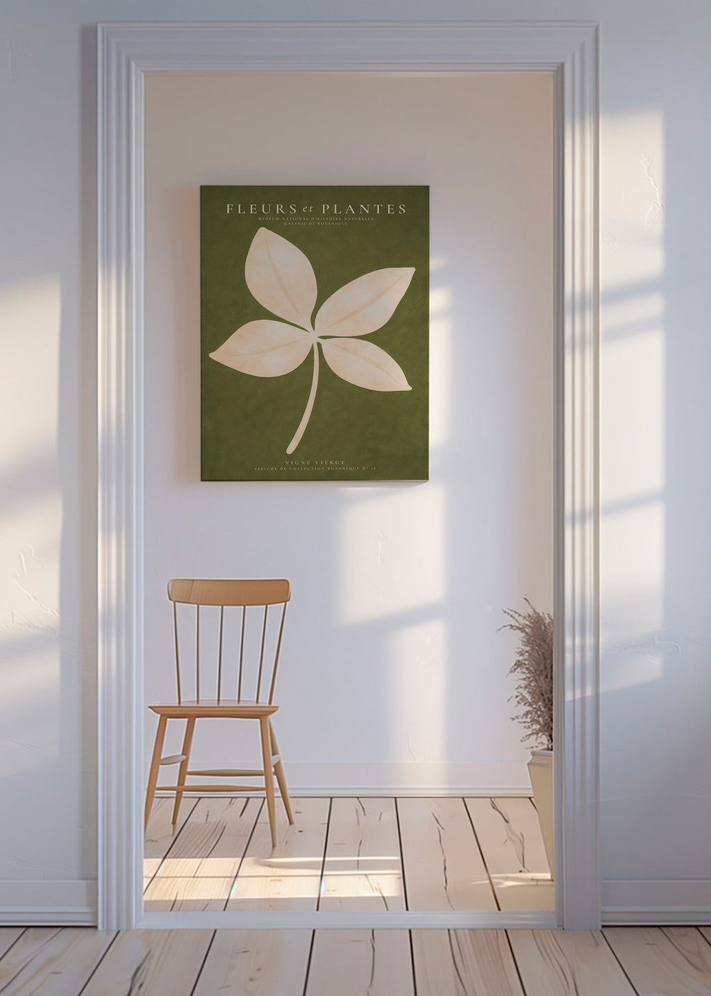 Impression botanique: feuille crème sur fond vert