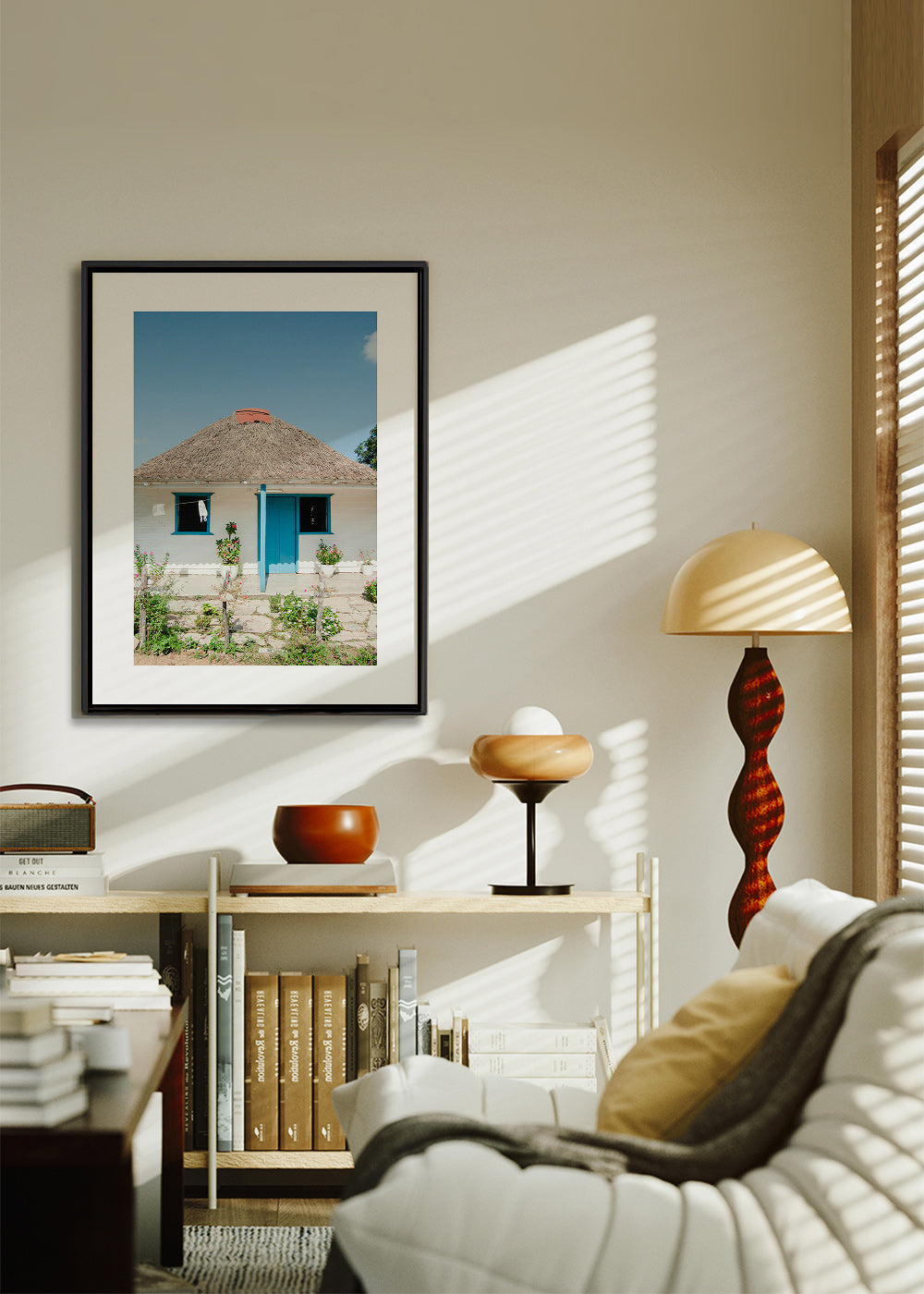 Landschap kunst: huisje met blauwe deur