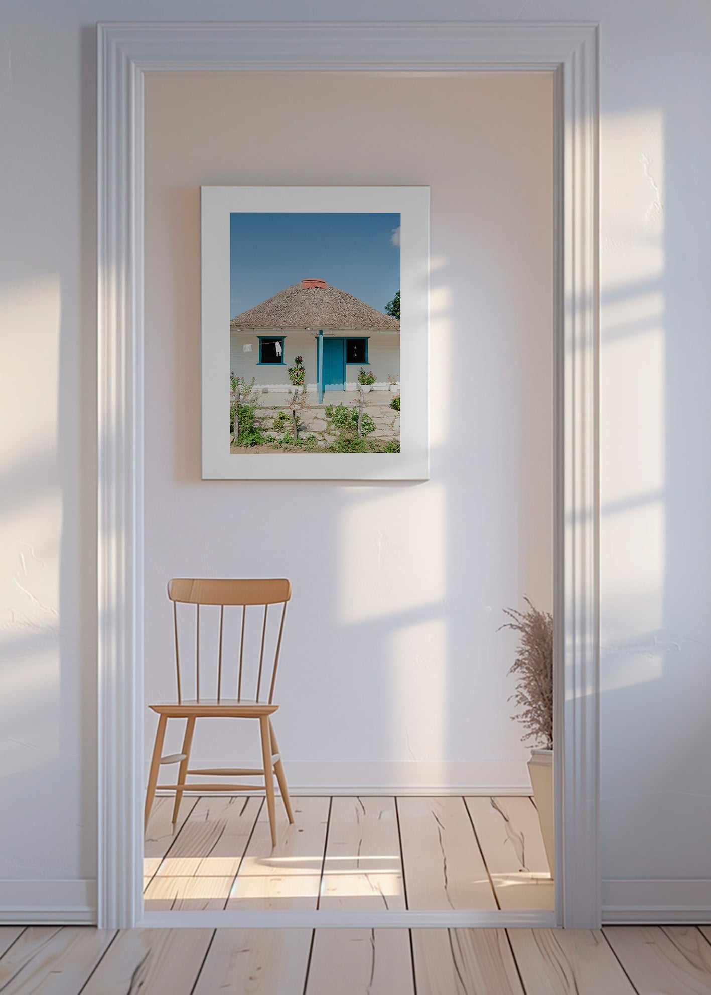 Landschap kunst: huisje met blauwe deur