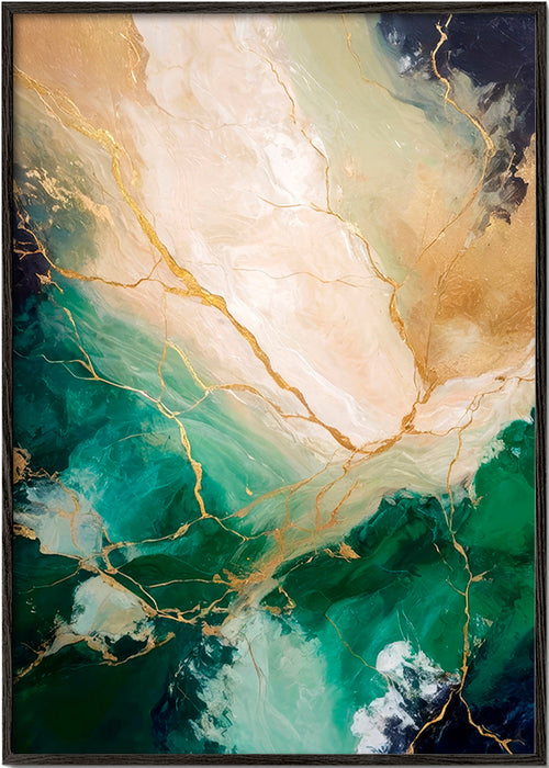 Abstracte kunst met smaragd- en gouden aders – Black Frame