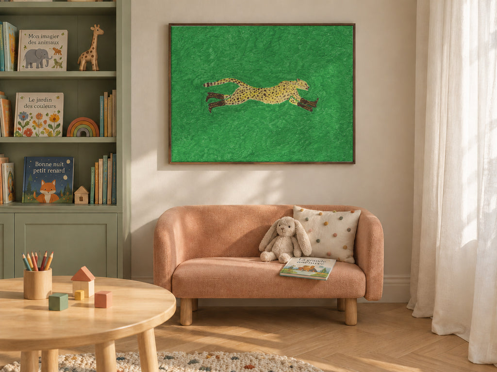 Florence the Running Cheetah - Framed canvas in an interior