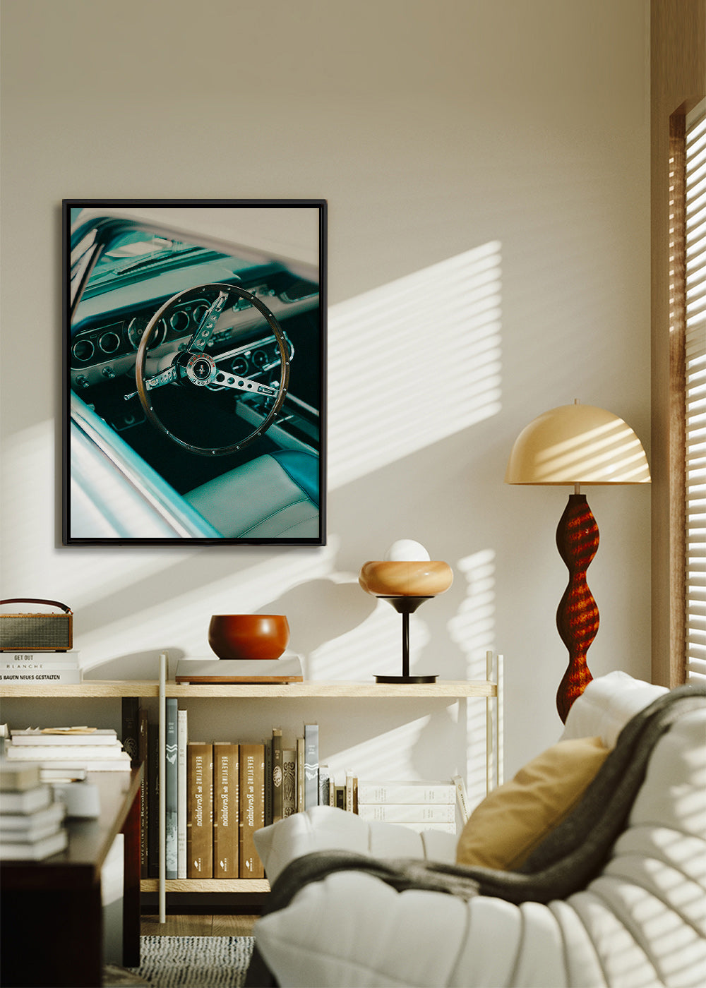 Vintage foto met houten stuurwiel op de voorgrond – Canvas1