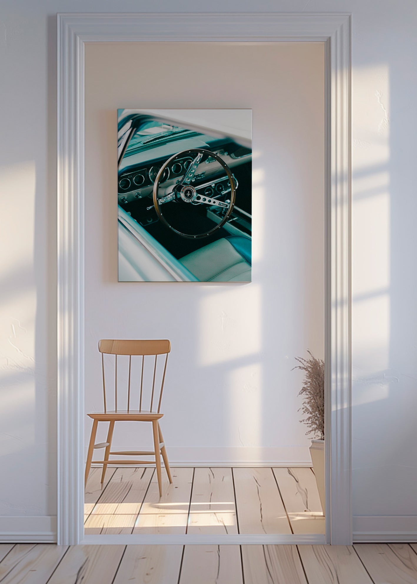 Vintage foto met houten stuurwiel op de voorgrond – Canvas
