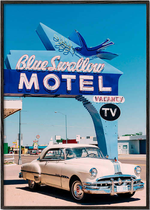 Vintage motel foto met klassieke auto – Black Frame