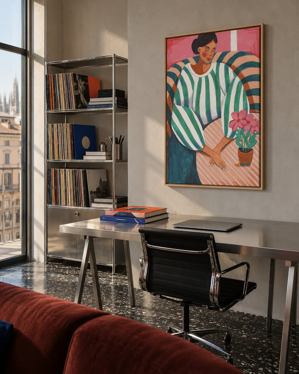Woman in stripes in thought - Framed canvas in an interior
