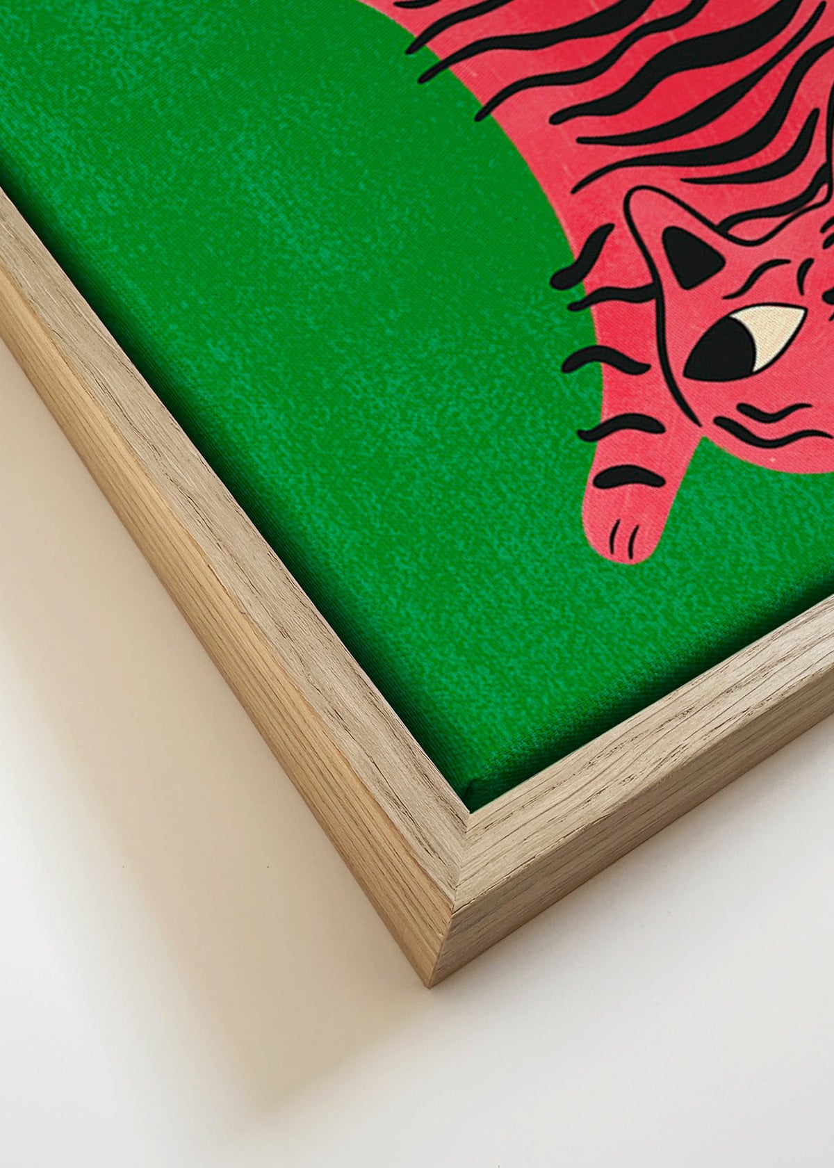 Roze kat illustratie met zwarte strepen – Canvas detail