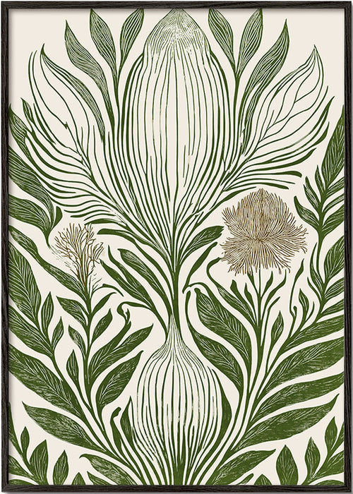 Botanische print met groene lijntekening – Black Frame