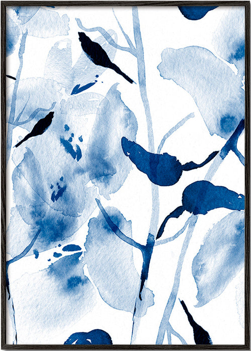 Botanische aquarel in blauw met vogels – Black Frame