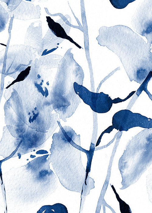 Botanische aquarel in blauw met vogels