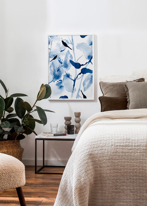 Botanische aquarel in blauw met vogels – Product1