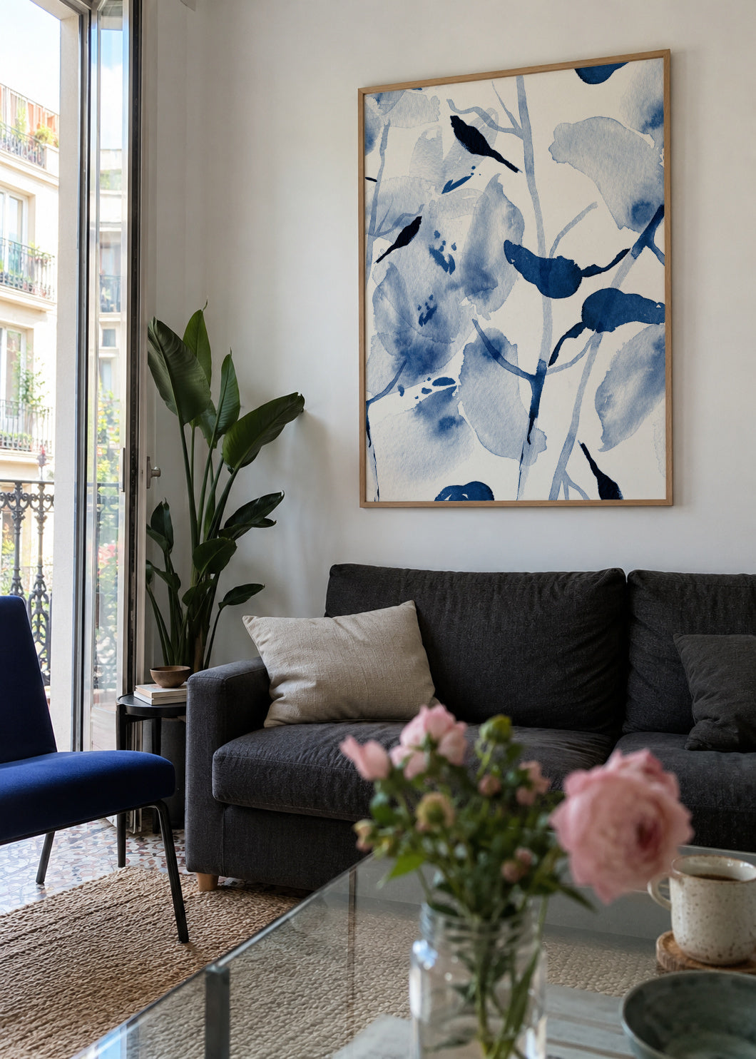 Brushstrokes And Silhouettes Of Birds On Branches - Framed poster in an interior