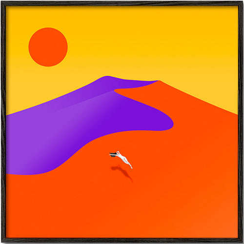 Abstract kunstwerk met drijvend figuur en zon – Black Frame