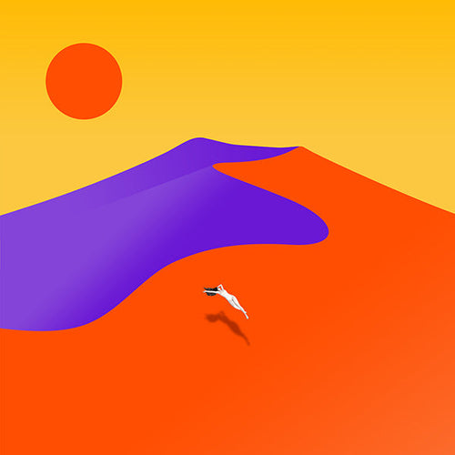 Abstract kunstwerk met drijvend figuur en zon