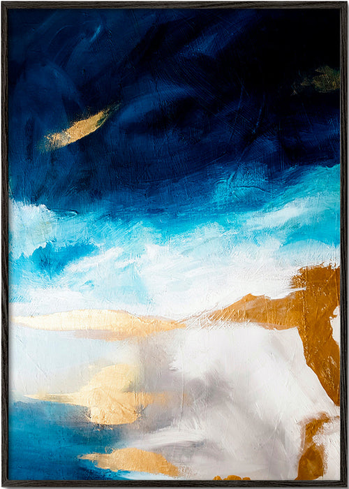 Abstract kunstwerk in blauw en goud textuur – Black Frame