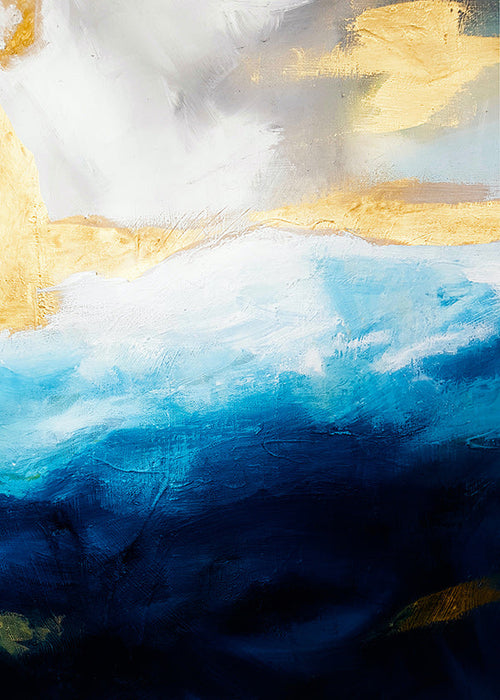 Abstract zee-schilderij in blauw met gouden accenten