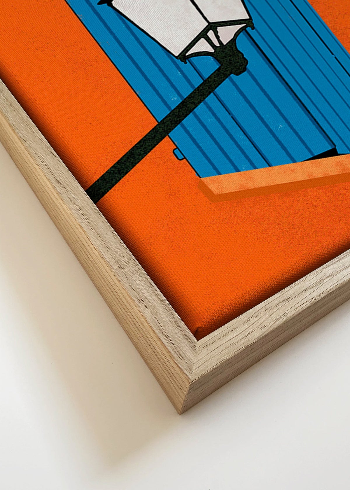 Illustratie blauwe luik en straatlantaarn – Canvas detail