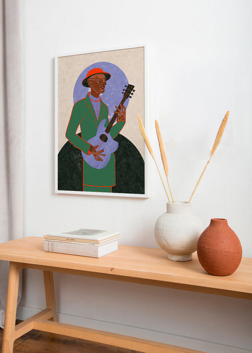 Illustratie muzikant met gitaar en halo – Product1
