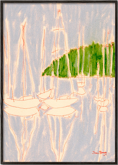 Landschap kunst met zeilboten en groene heuvel – Black Frame