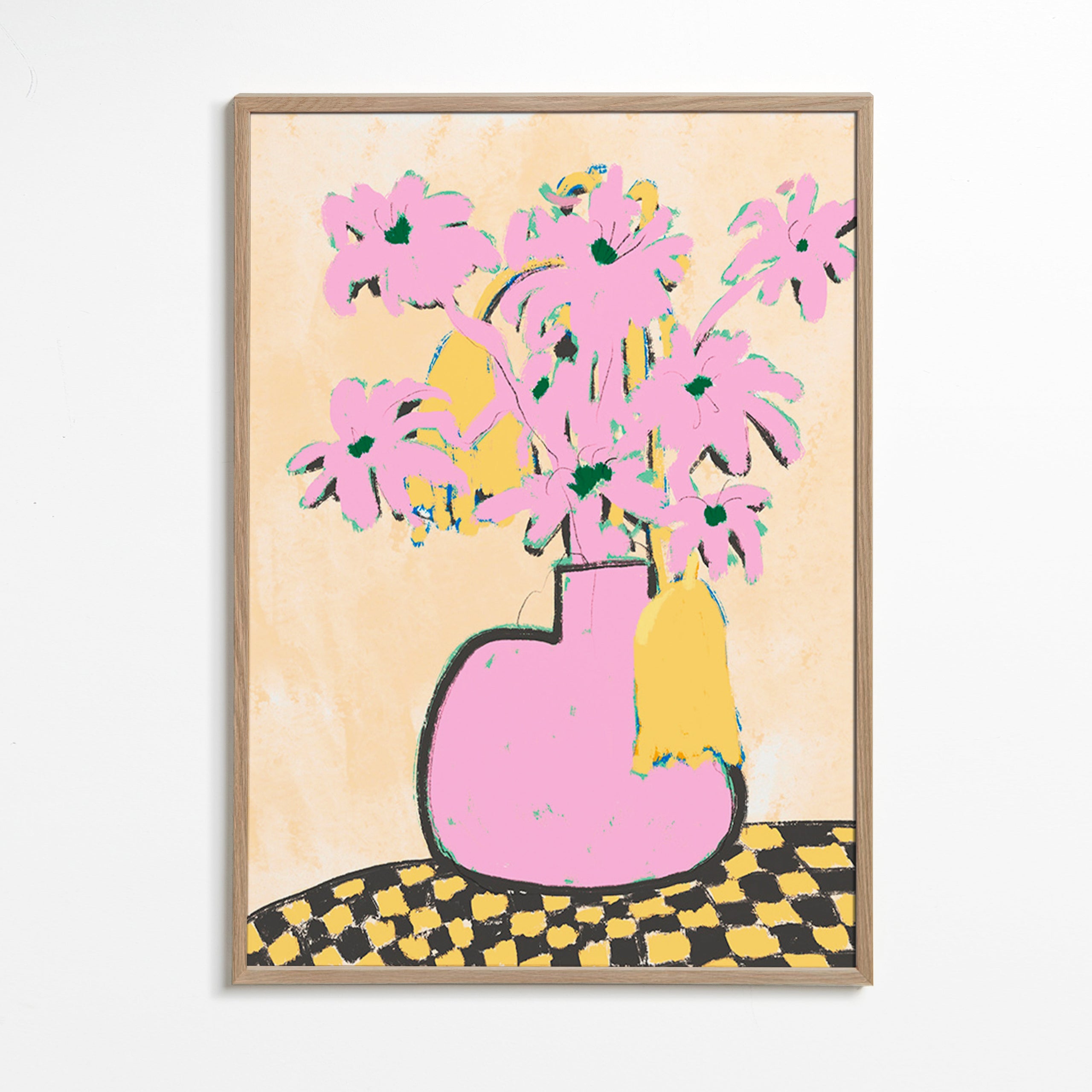 Lámina botánica con jarrón rosa y flores – Oak Frame