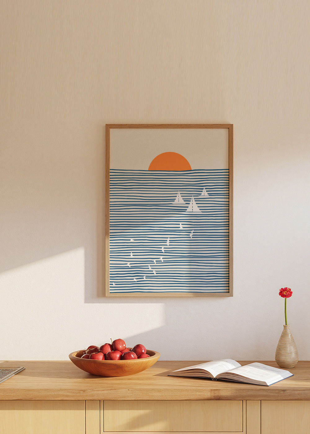 Three White Sails - Framed poster in an interior