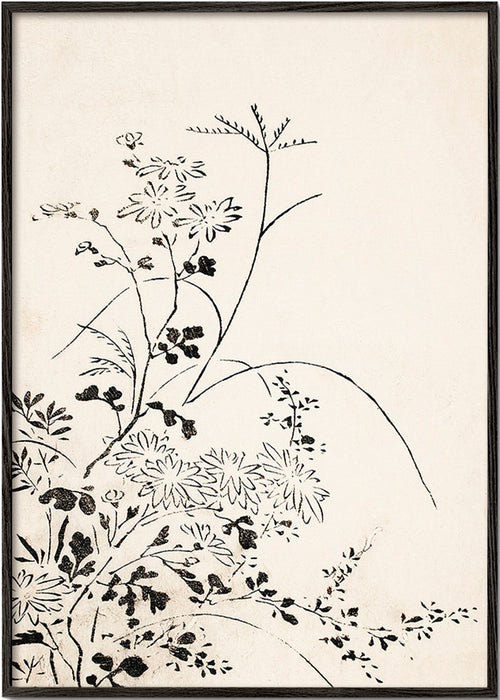 Botanische inktprint in Japanse minimalistische stijl – Black Frame