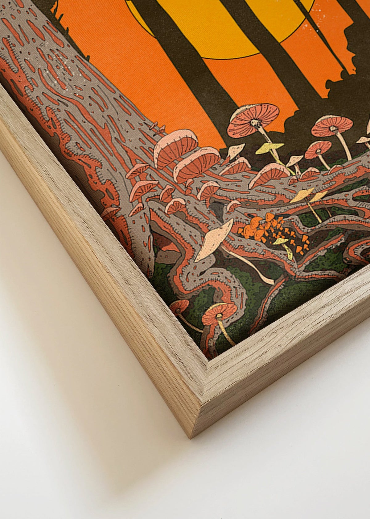 Illustratie bos zonsondergang met paddenstoelen – Canvas detail