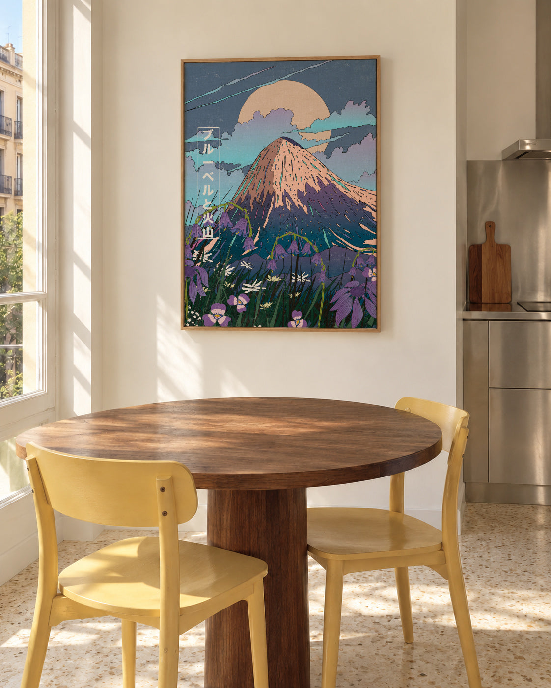 Bluebells and the Volcano - Framed canvas in an interior