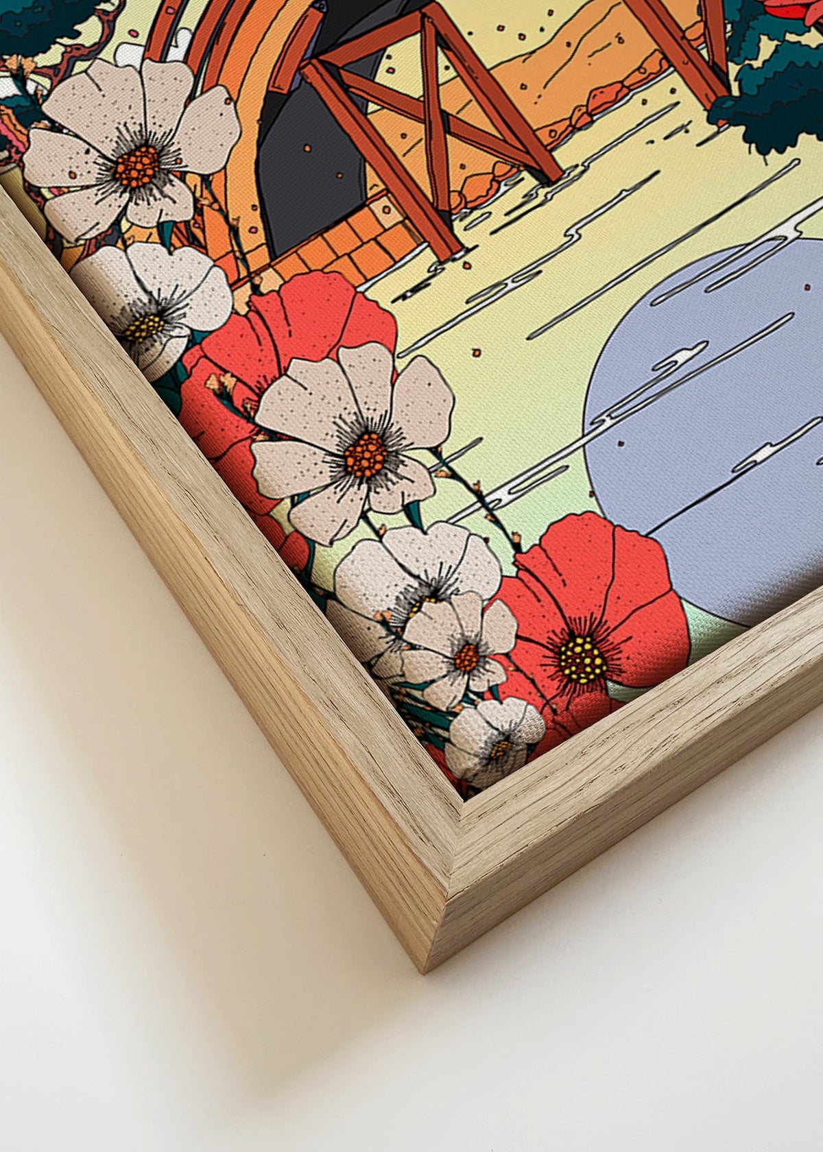 Japanse landschapstekening met boogbrug en bloemen – Canvas detail