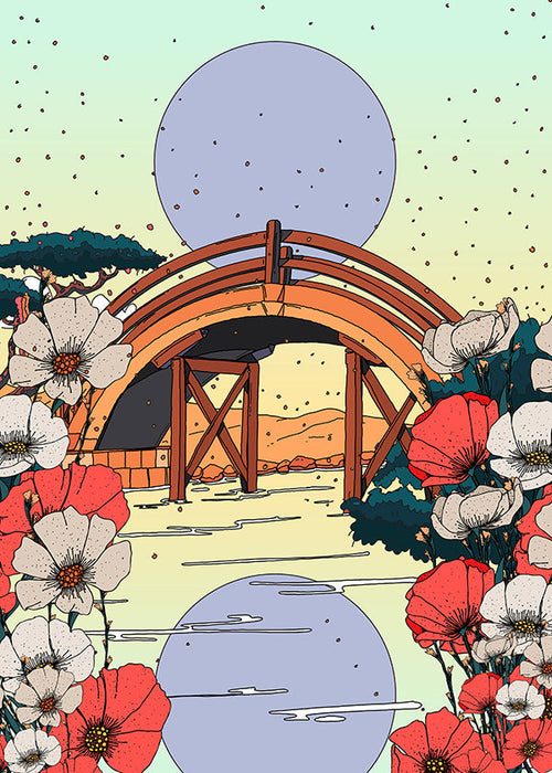 Japanse landschapstekening met boogbrug en bloemen