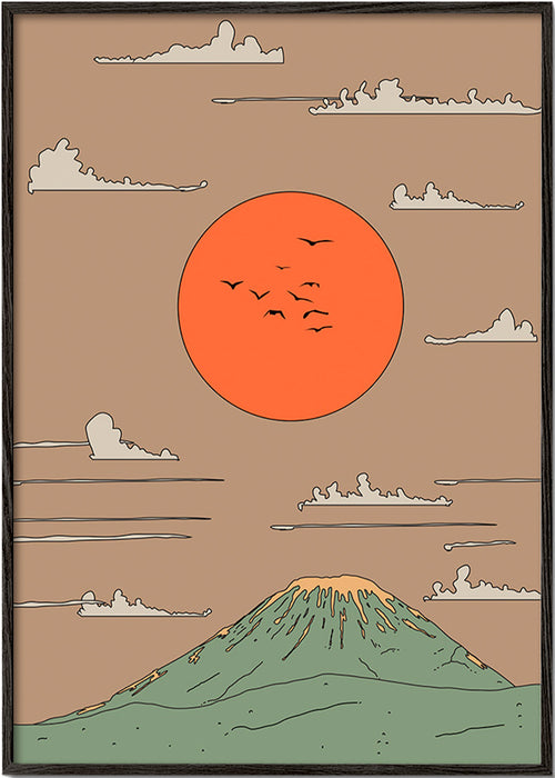 Japanse illustratie met zonsopgang en gestileerde berg – Black Frame