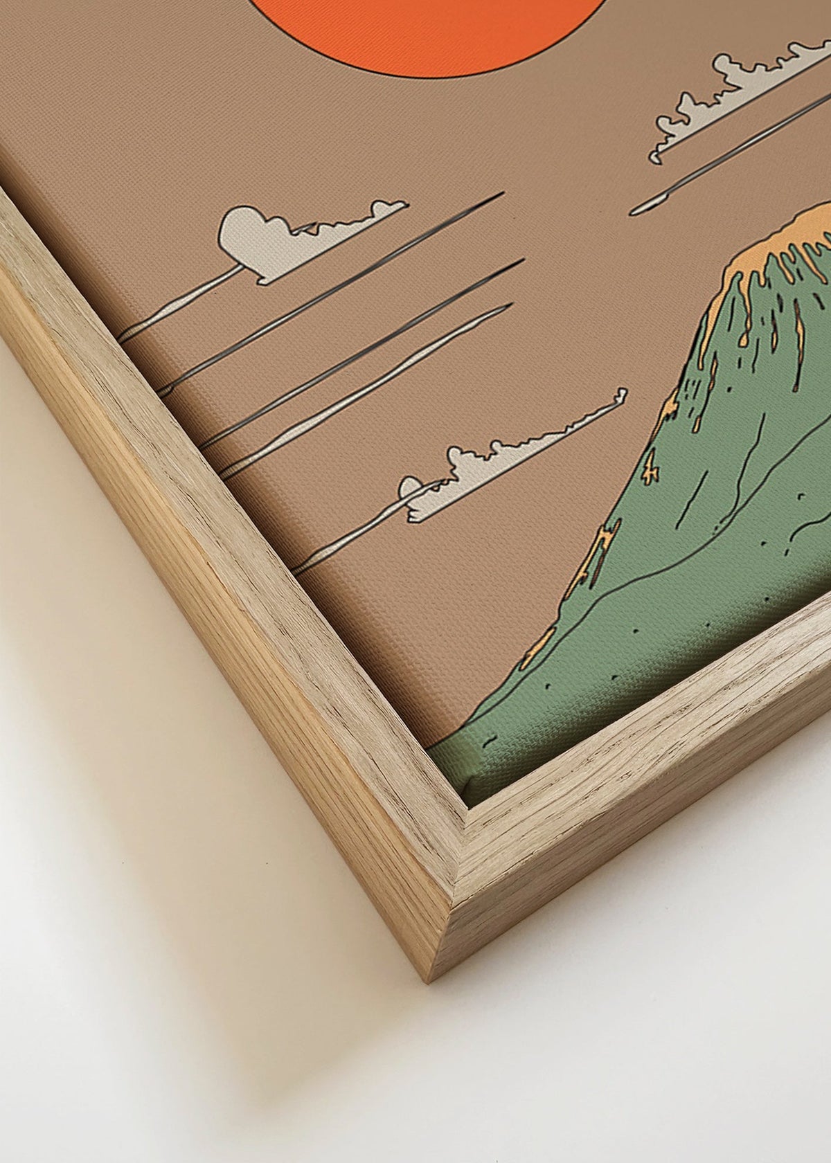 Japanse illustratie met zonsopgang en gestileerde berg – Canvas detail