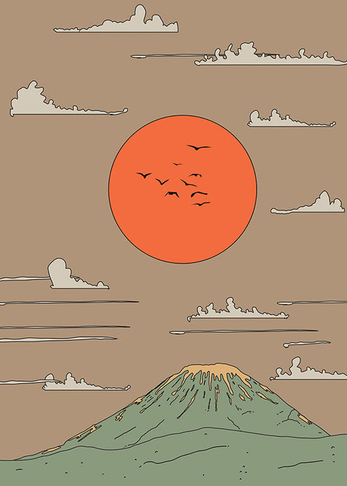 Japanse illustratie met zonsopgang en gestileerde berg