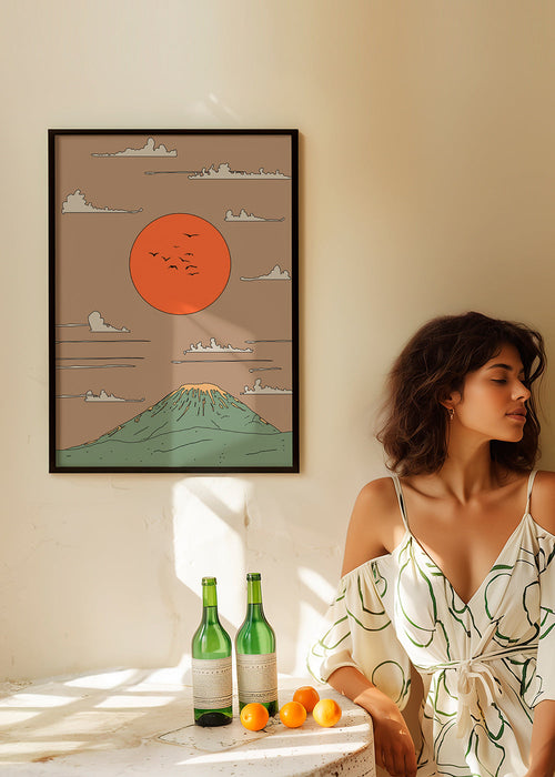 Japanse illustratie met zonsopgang en gestileerde berg – Product1