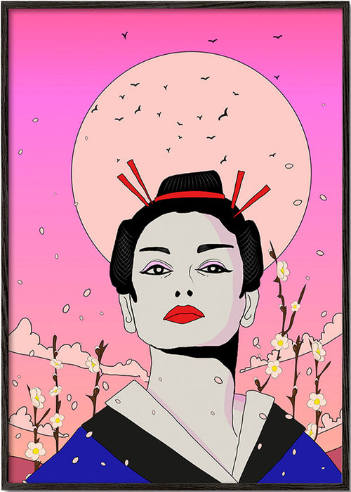 Geisha-illustratie met roze maan – Black Frame