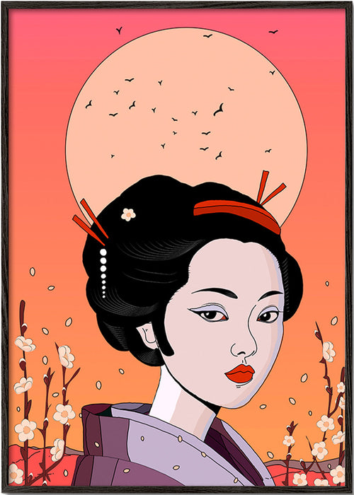Illustratie Geisha bij Koraalzonsopgang – Black Frame