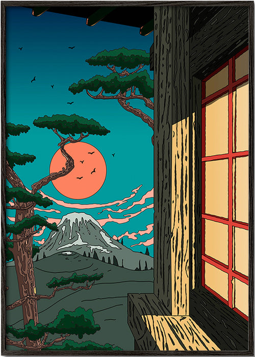 Landschapsposter met den en berg bij zonsondergang – Black Frame