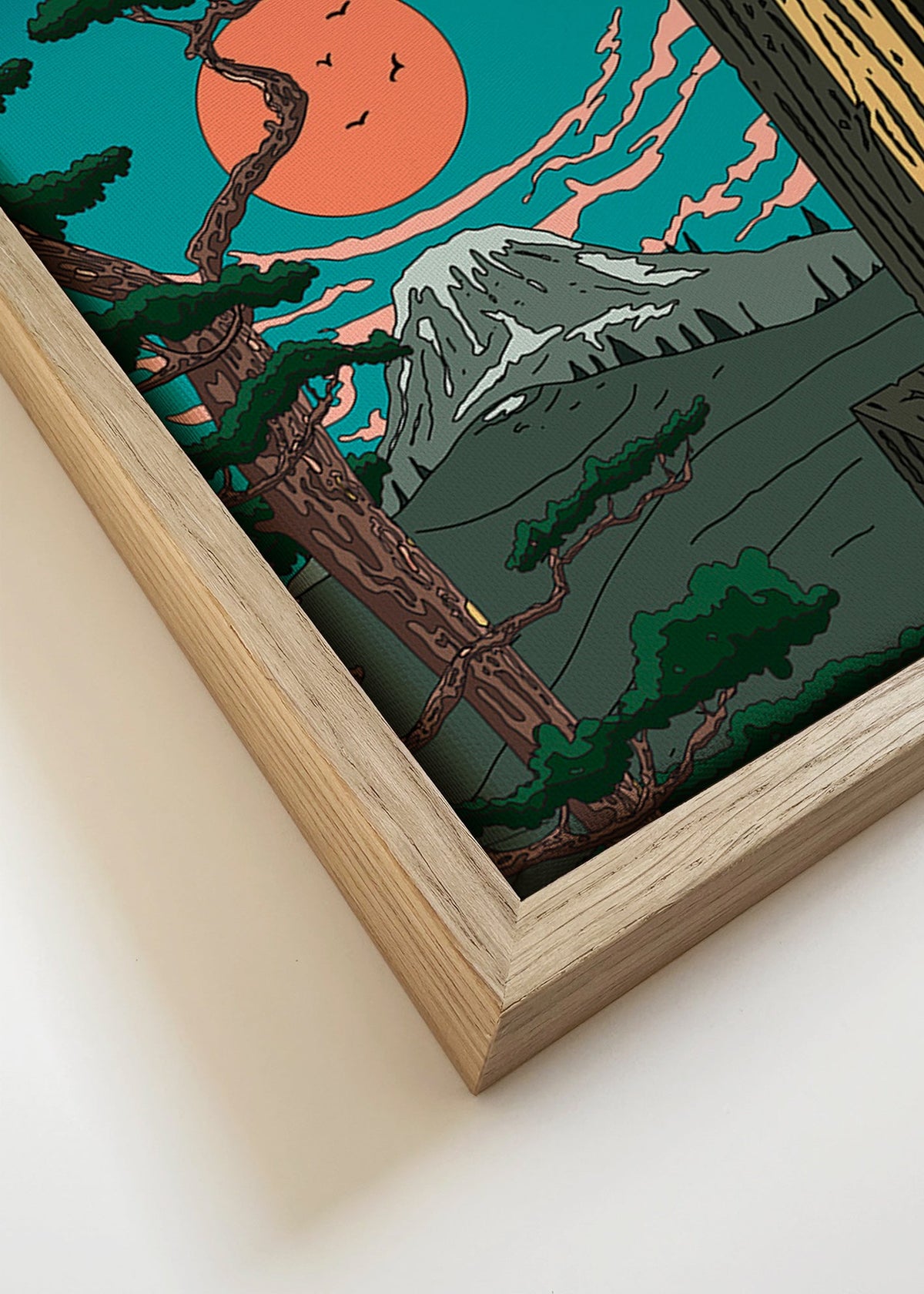 Landschapsposter met den en berg bij zonsondergang – Canvas detail